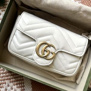 Authentic Gucci GG Marmont Super Mini Bag - White Leather